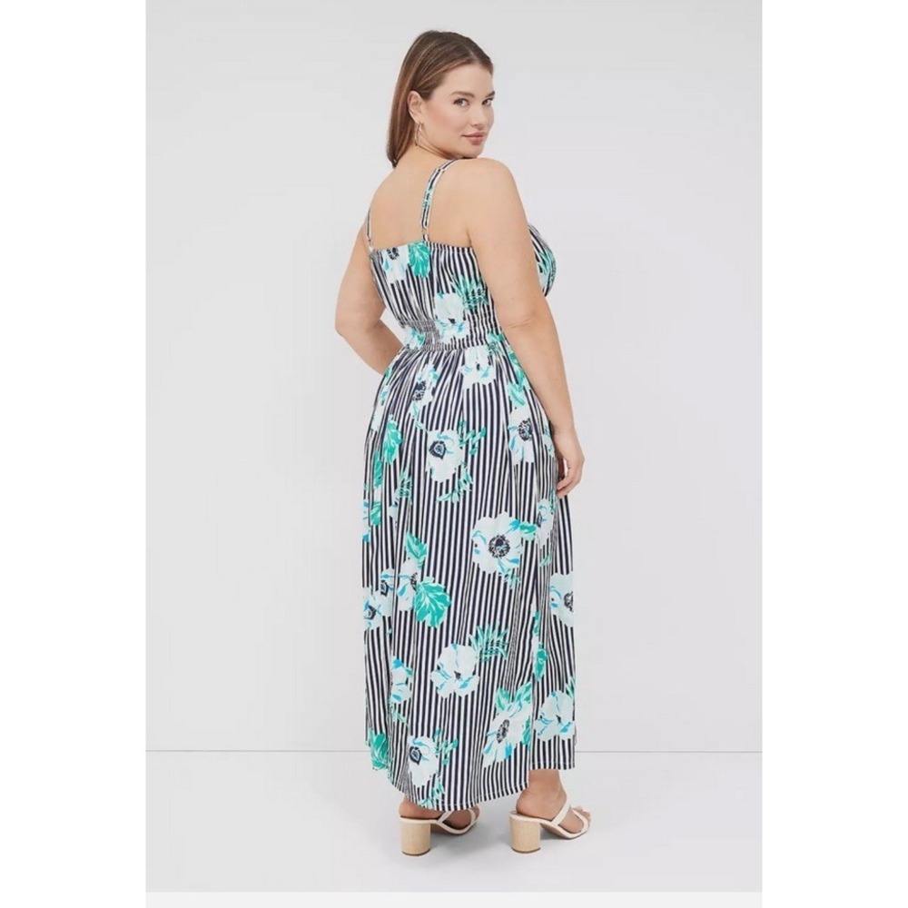 LANE BRYANT NAVY FLORAL STRIPE SZ 20 V-NECK RUCHED WAIST MAXI DRESS Floral - Picture 2 of 16
